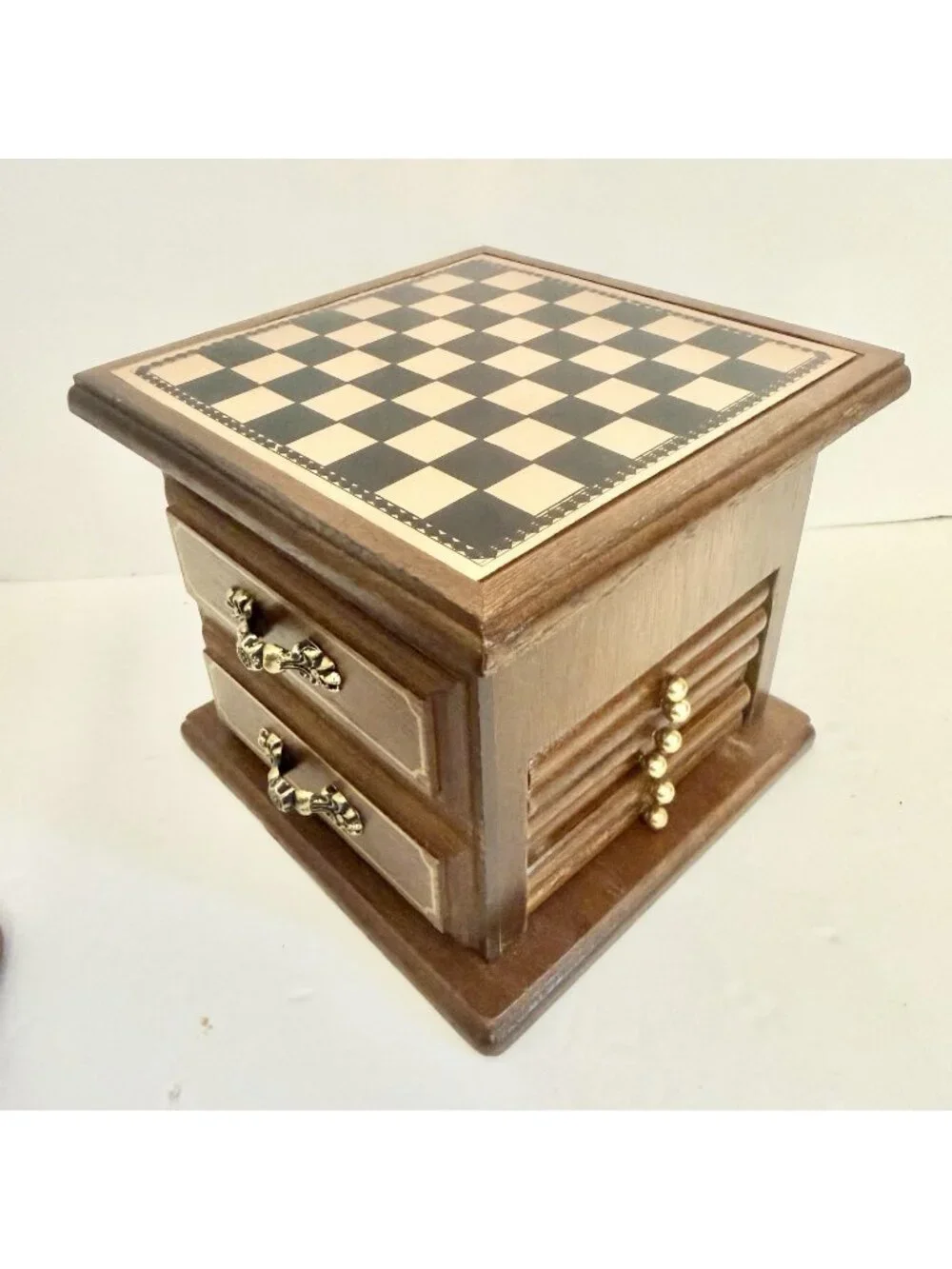 Vintage Enesco Wood Mini Game Cabinet Chess Checkers Darts Coasters Tabletop